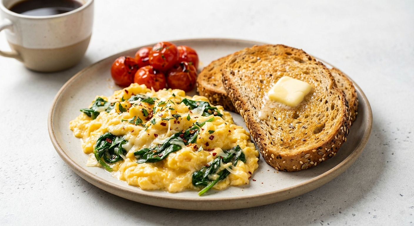 Scrambled Eggs with Spinach and Whole-Grain Toast