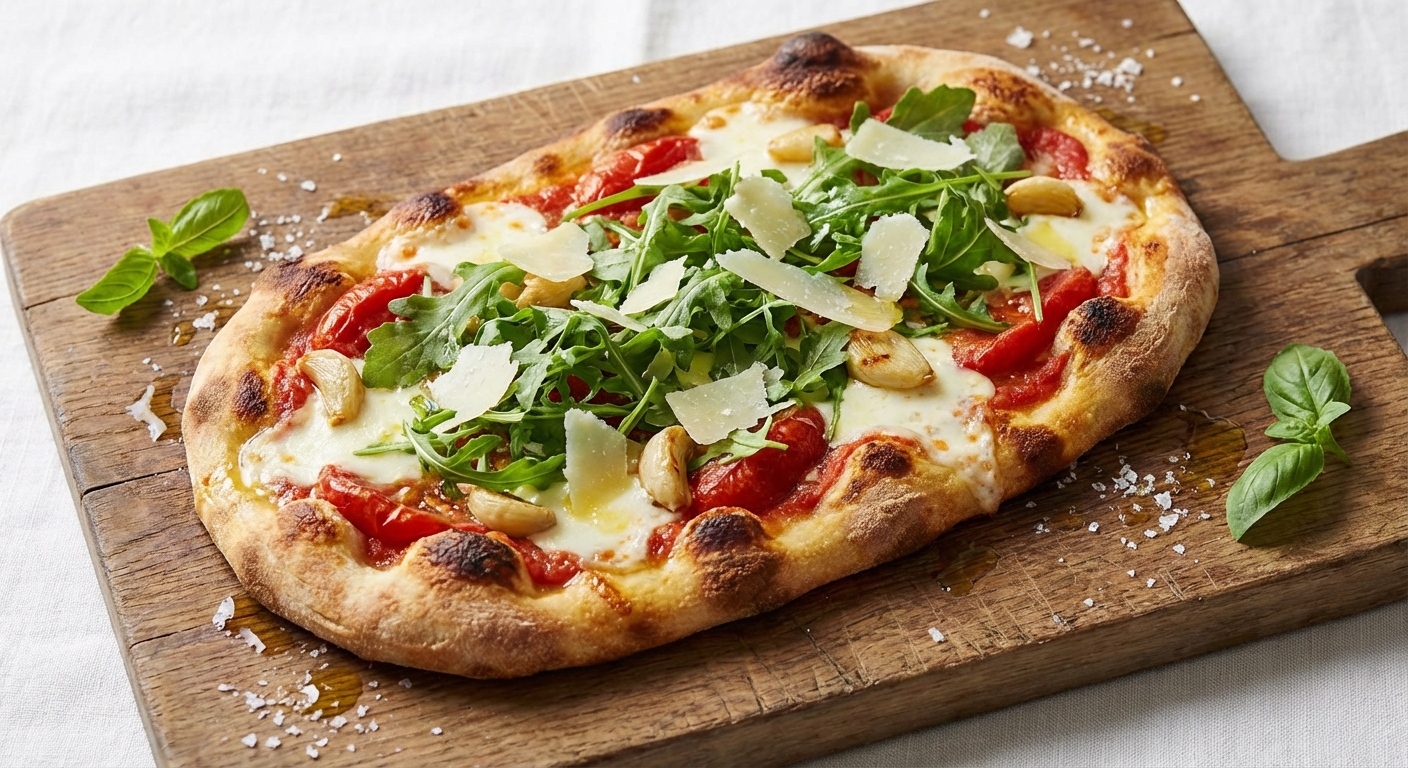 Rustic Flatbread Margherita with Roasted Garlic, Arugula & Parmesan