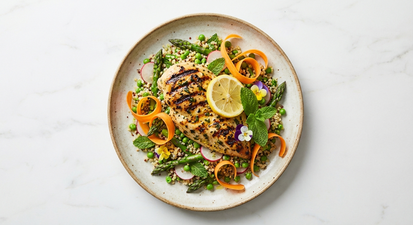 Grilled Lemon‑Herb Chicken Breast with Spring Vegetable Quinoa and Minted Carrot Ribbons