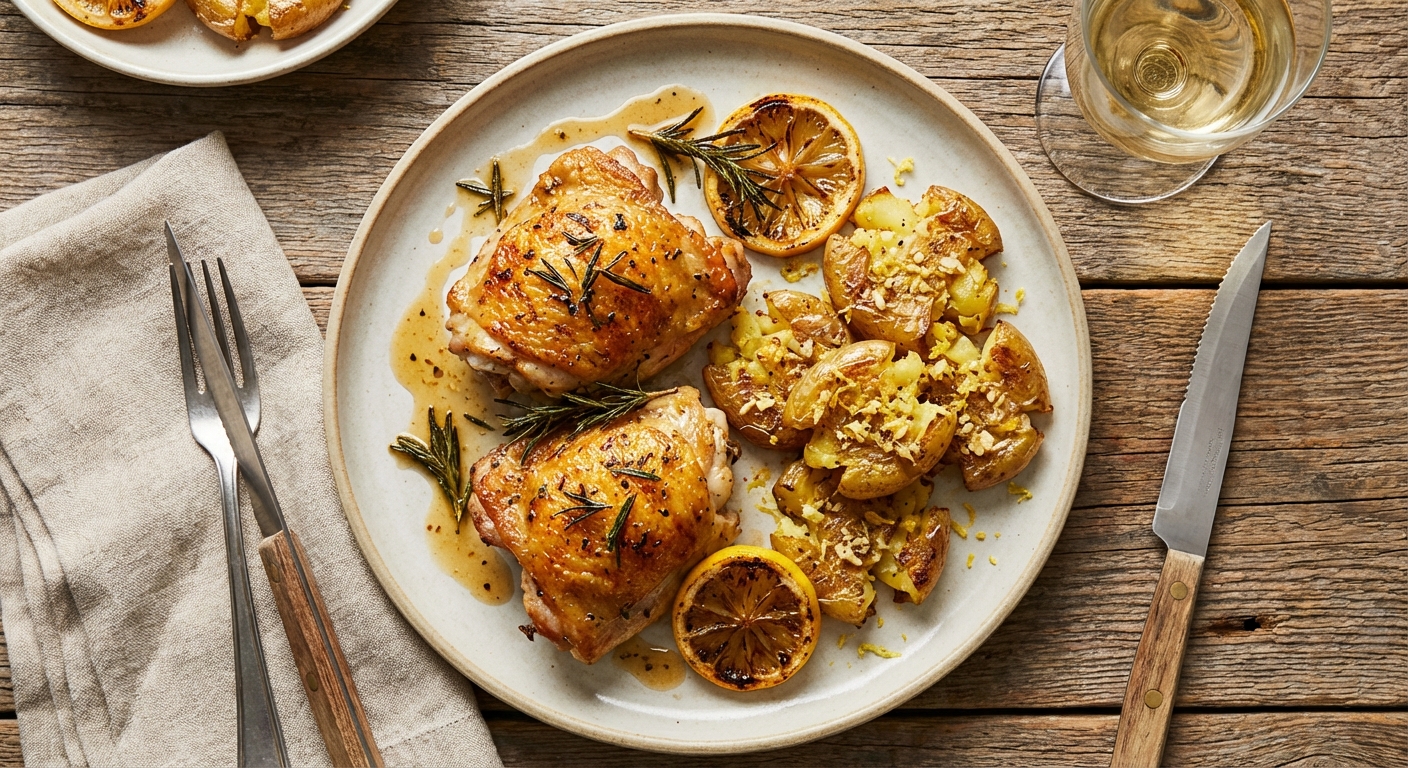 Roast Herb Chicken Thighs with Crispy Lemon-Garlic Potatoes