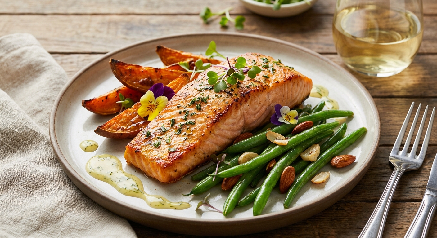 Baked Salmon with Roasted Sweet Potato & Sautéed Green Beans