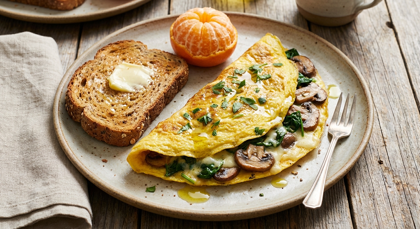 Spinach & Mushroom Omelette with Whole-grain Toast and Clementine