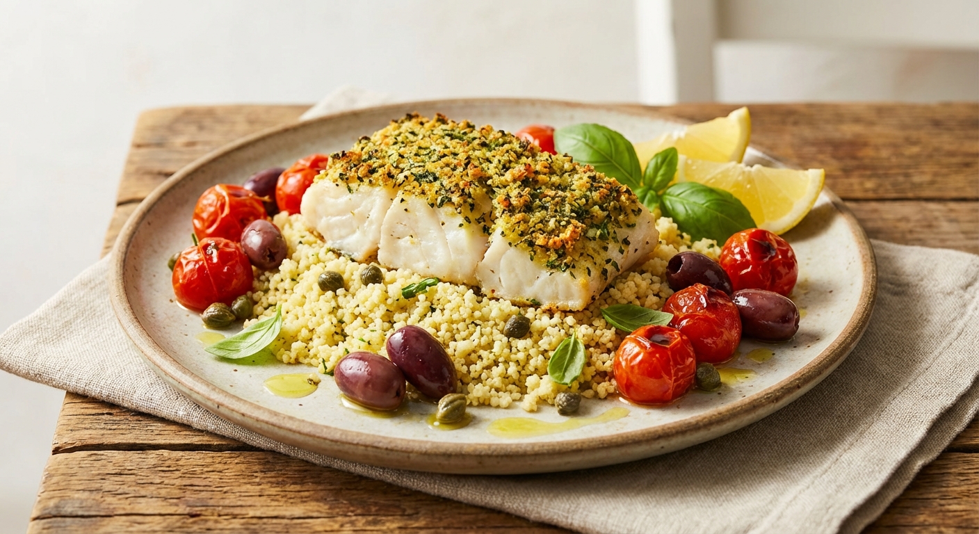 Mediterranean Baked Cod with Roasted Cherry Tomatoes & Lemon Basil Couscous