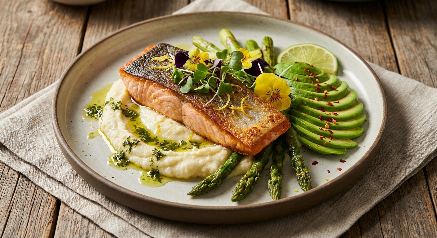 Pan-Seared Salmon with Cauliflower Mash, Garlic-Roasted Asparagus, and Avocado