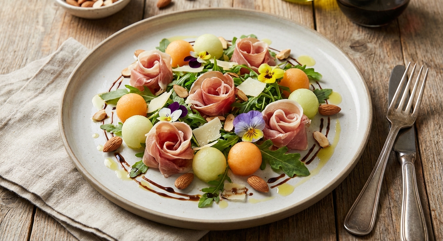 Prosciutto & Melon Arugula Salad with Toasted Almonds