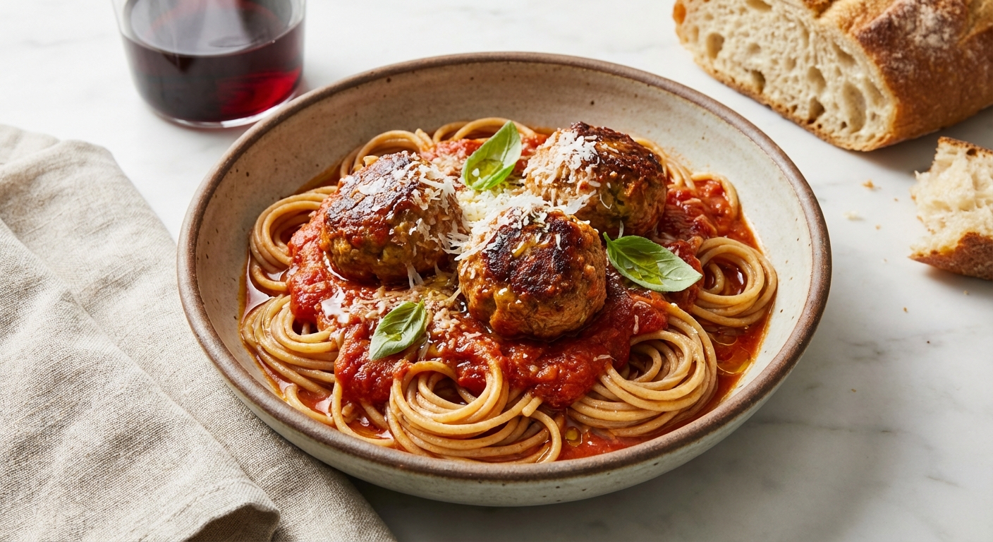 Italian-American Turkey Meatballs in Tomato Sauce with Whole‑Wheat Spaghetti