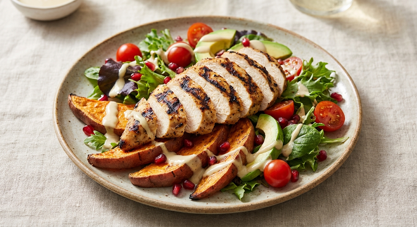 Grilled Chicken & Roasted Sweet Potato Salad with Lemon-Tahini Dressing