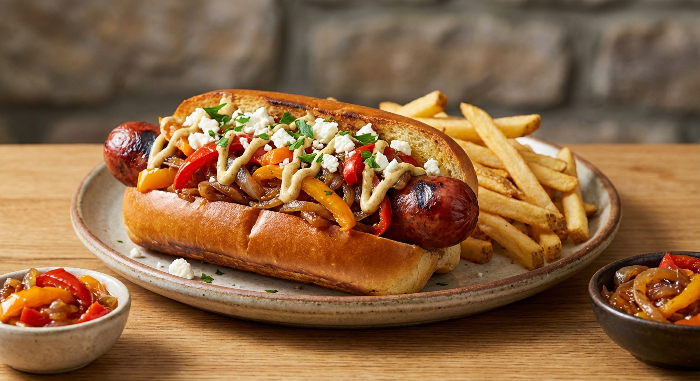 Smoked Sausage Dog with Onion and Sweet Pepper Relish