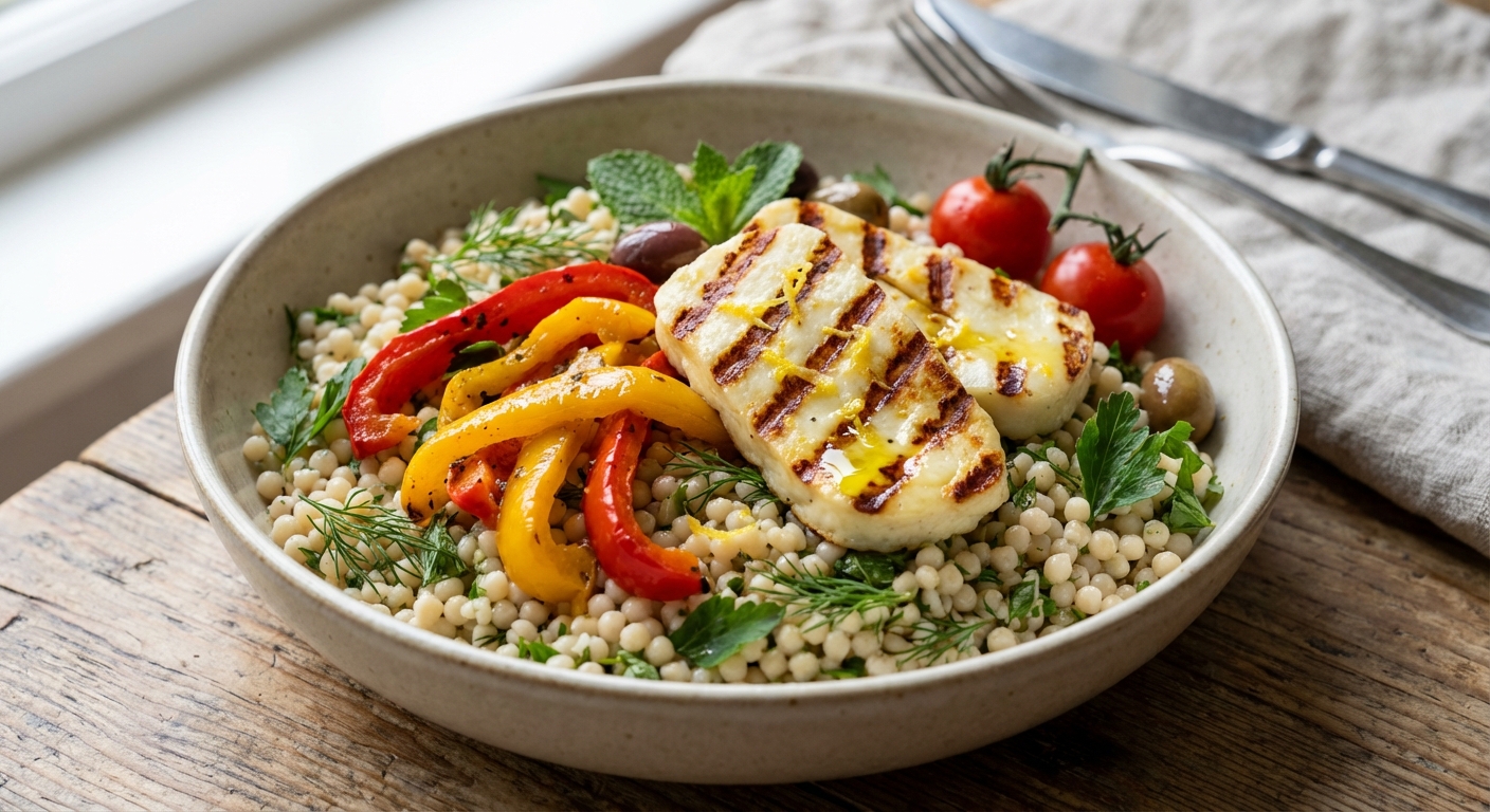 Mediterranean Grilled Halloumi & Roasted Pepper Salad over Gluten‑Free Israeli (Pearl) Couscous with Spring Herbs