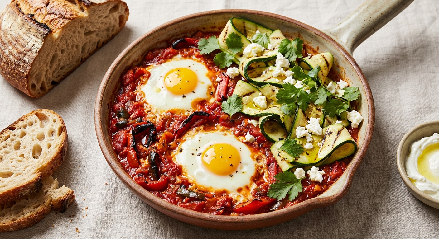 Baked Eggs in Spiced Tomato-Pepper Sauce with Grilled Zucchini