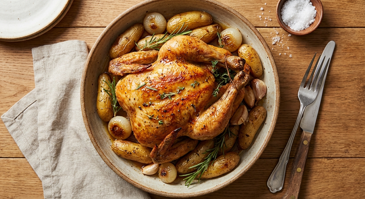 Garlic Roasted Chicken with Potatoes and Onions