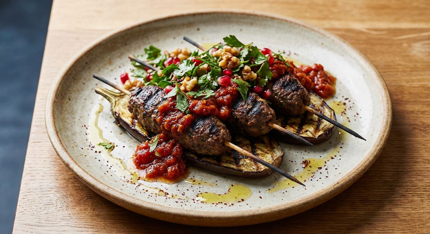 Spiced Beef Kofta with Grilled Eggplant, Tomato Chutney & Walnut-Parsley Salad
