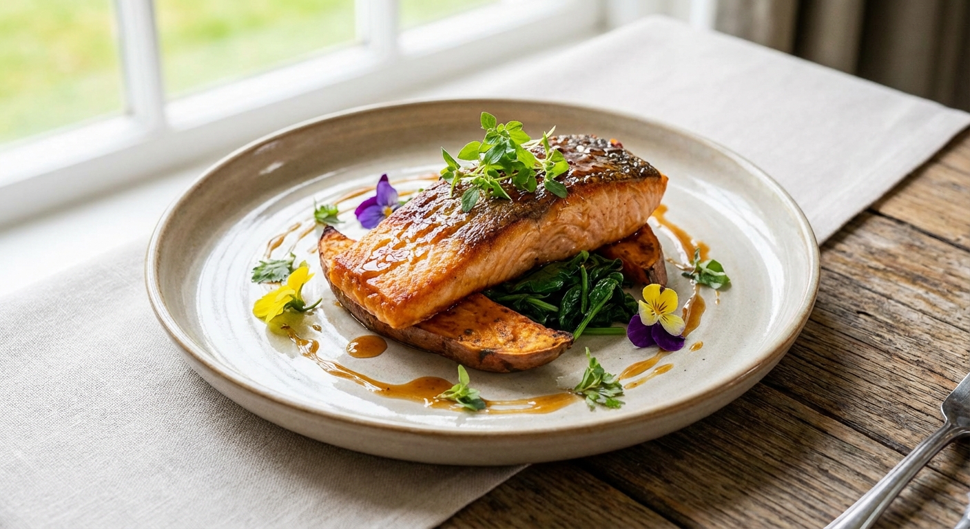 Pan-Seared Salmon with Roasted Sweet Potato and Sautéed Spinach