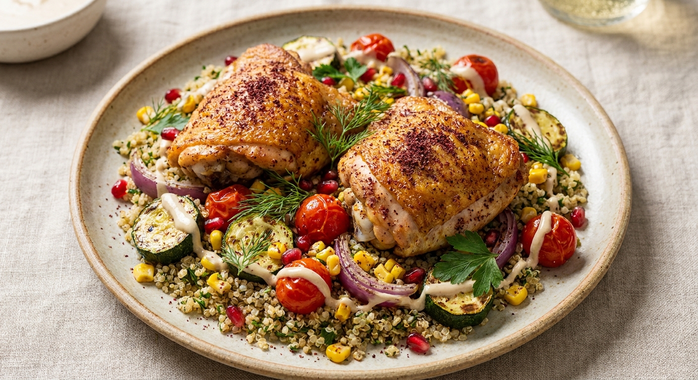 Roasted Sumac Chicken Thighs with Herbed Quinoa & Charred Summer Vegetables, Tahini‑Lemon Drizzle