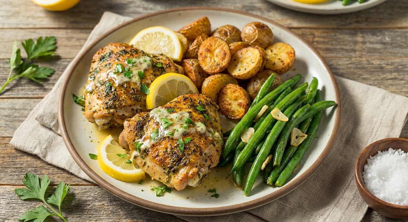 Herb-Roasted Chicken Thighs with Lemon-Garlic Butter, Crispy Potatoes & Sautéed Green Beans