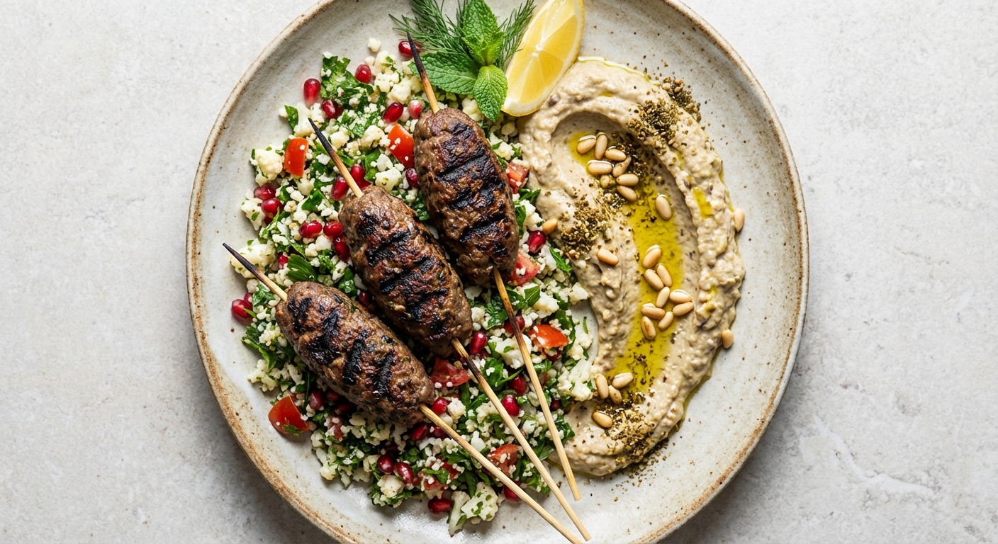 Lamb Kofta with Cauliflower Tabbouleh and Roasted Eggplant Dip