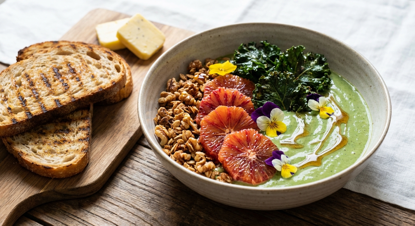Silken Tofu & Blood-Orange Kale Smoothie Bowl with Toasted Walnut Granola and Sourdough Toast