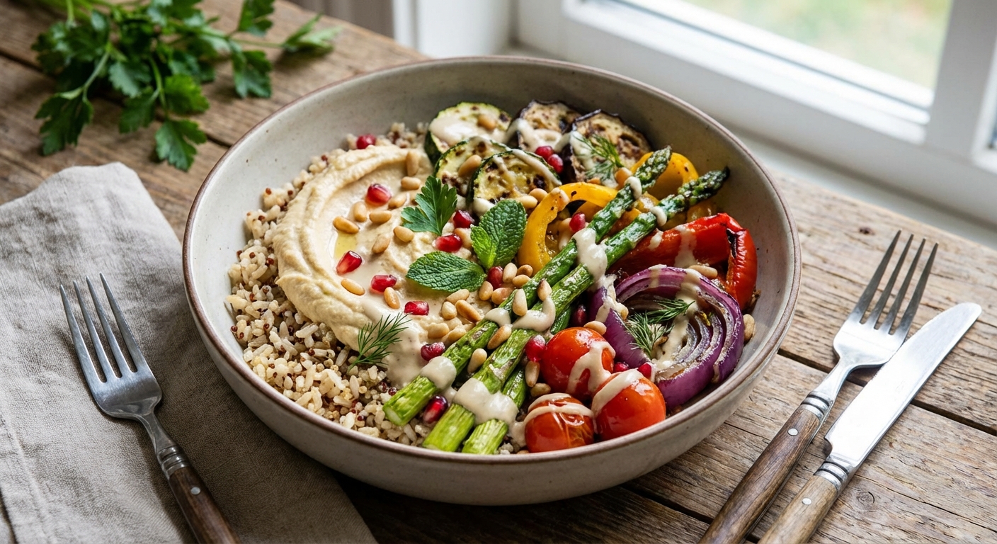 Grilled Vegetable & Hummus Bowl with Brown Rice and Tahini Drizzle