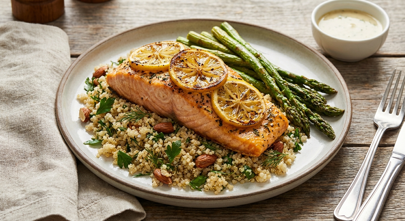 Lemon-Baked Salmon with Herbed Quinoa Pilaf and Steamed Asparagus