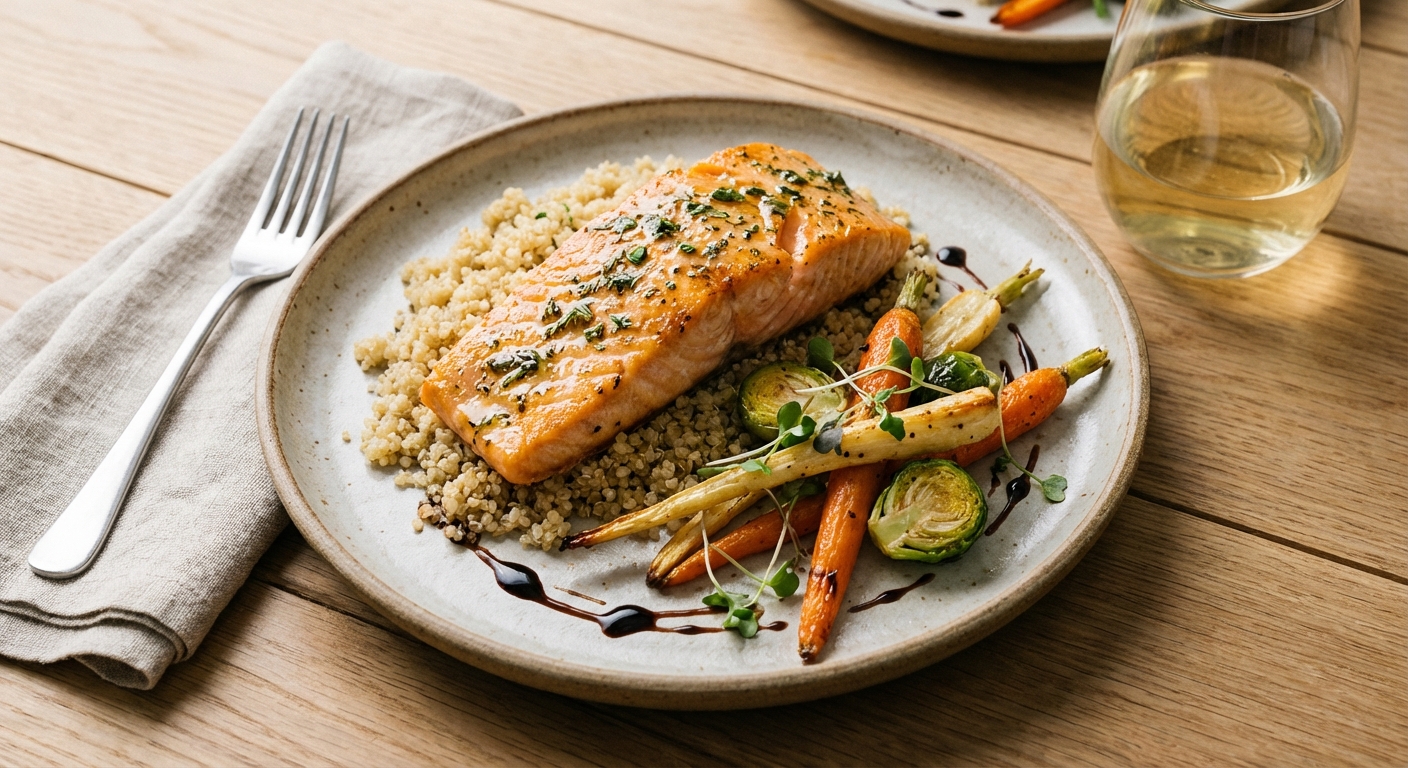Baked Salmon with Quinoa and Roasted Winter Vegetables