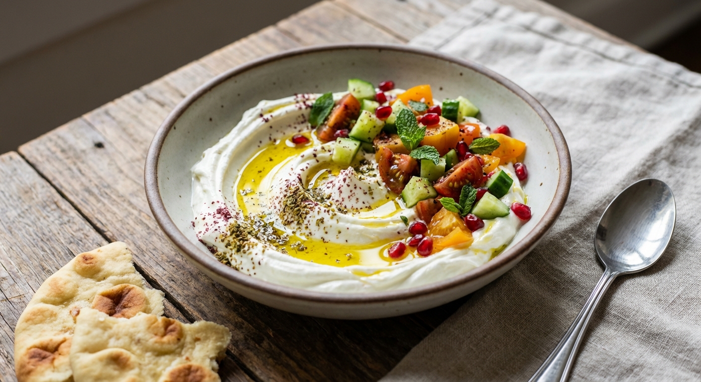 Labneh Bowl with Cucumber, Tomatoes & Olive Oil