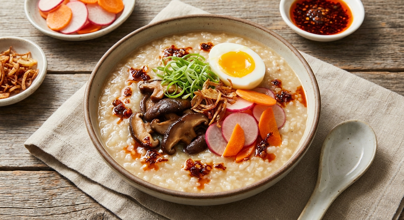Shiitake Congee with Scallions & Quick Pickles
