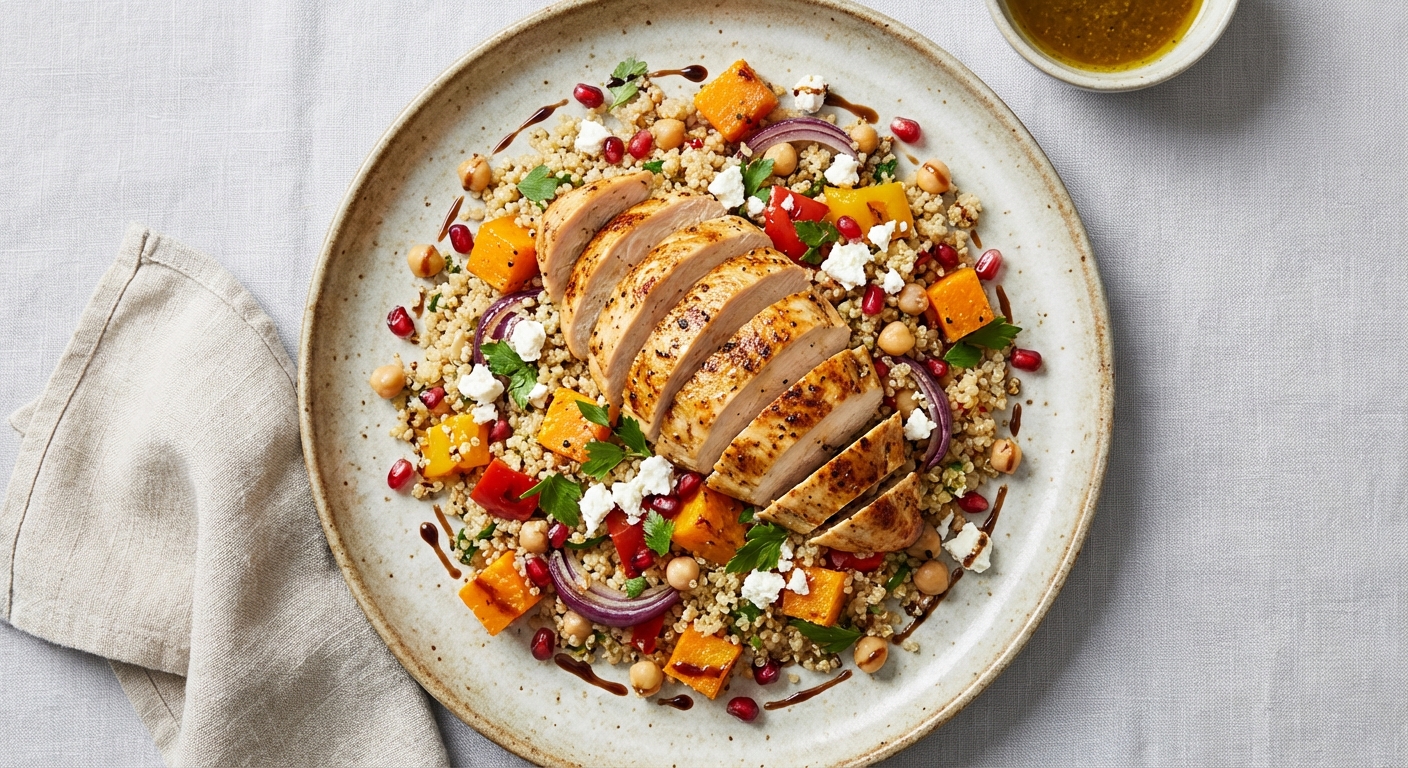 Roasted Chicken Breast & Quinoa Salad with Chickpeas, Roasted Veg, and Feta
