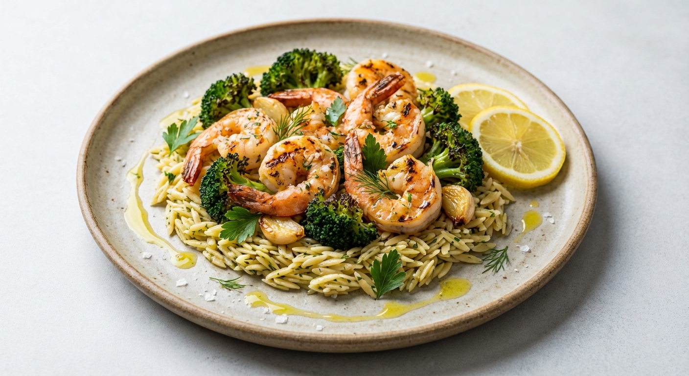Grilled Lemon-Garlic Shrimp with Charred Broccoli and Herbed Orzo