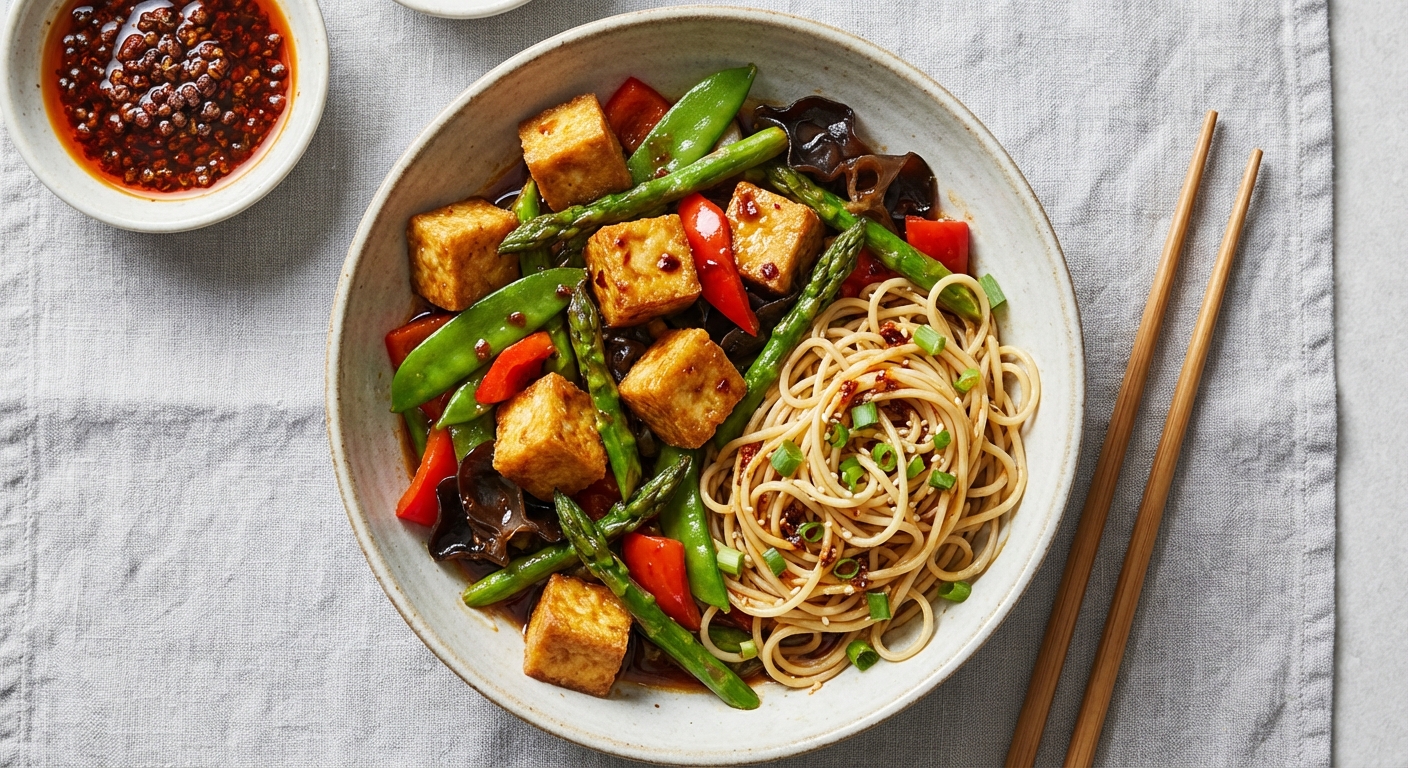 Sichuan-Style Crispy Tofu & Spring Vegetable Stir-Fry with Sesame-Scallion Noodles