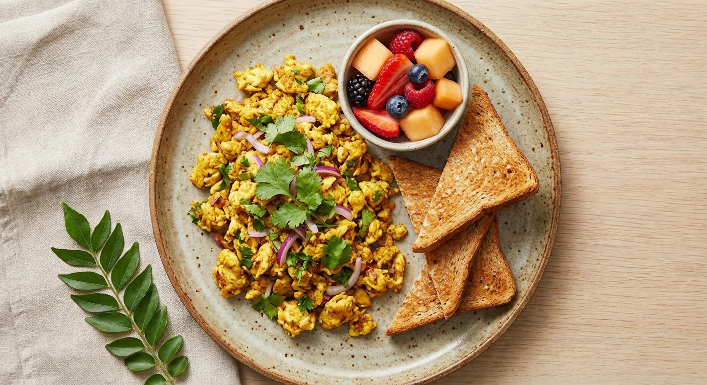 Indian Masala Scrambled Eggs with Whole-Wheat Toast & Fruit