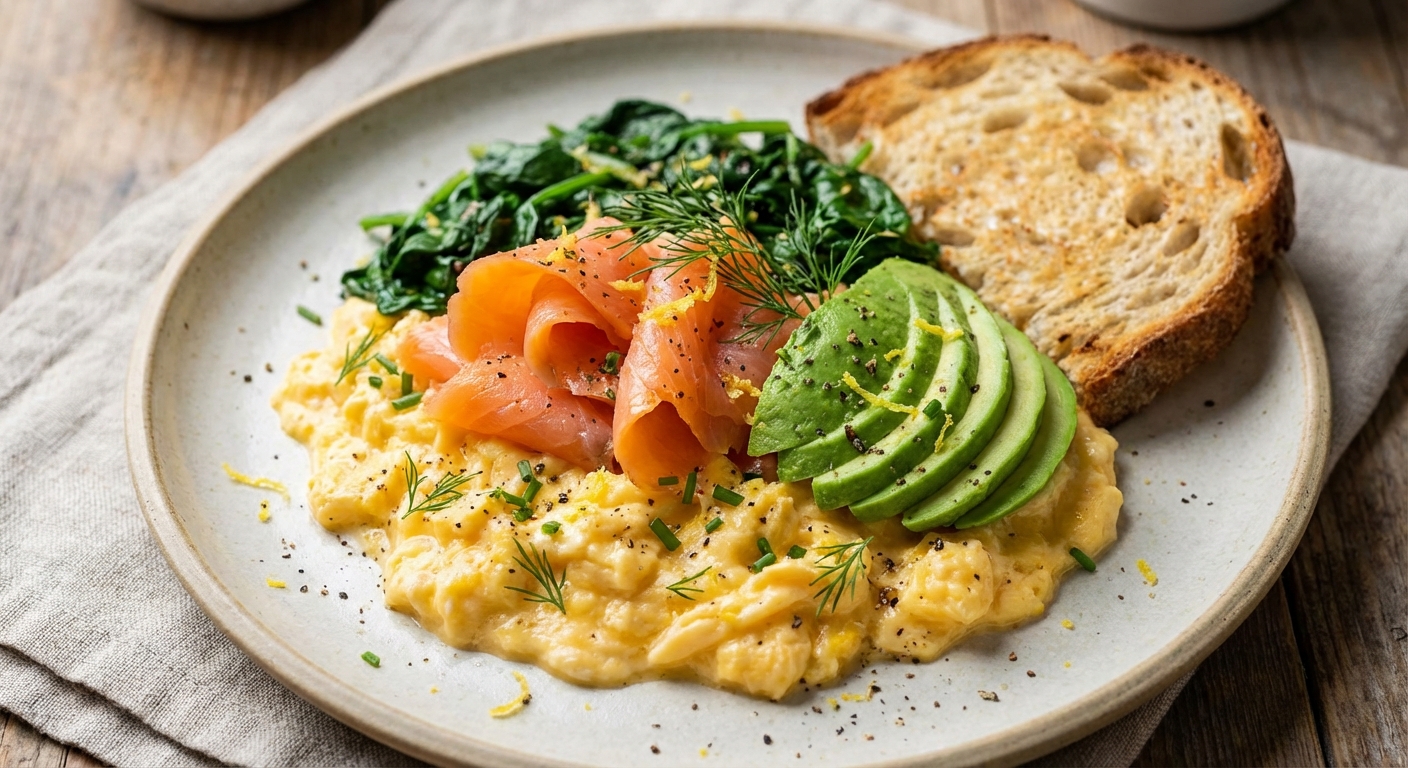 Smoked Salmon & Avocado Scrambled Eggs with Wilted Spinach