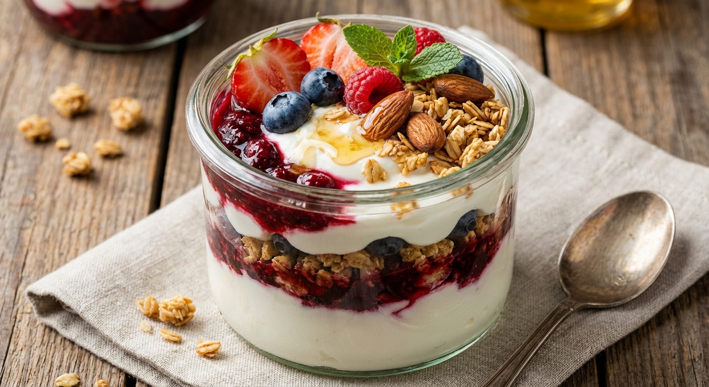 Greek Yogurt Berry Parfait with Granola & Almonds