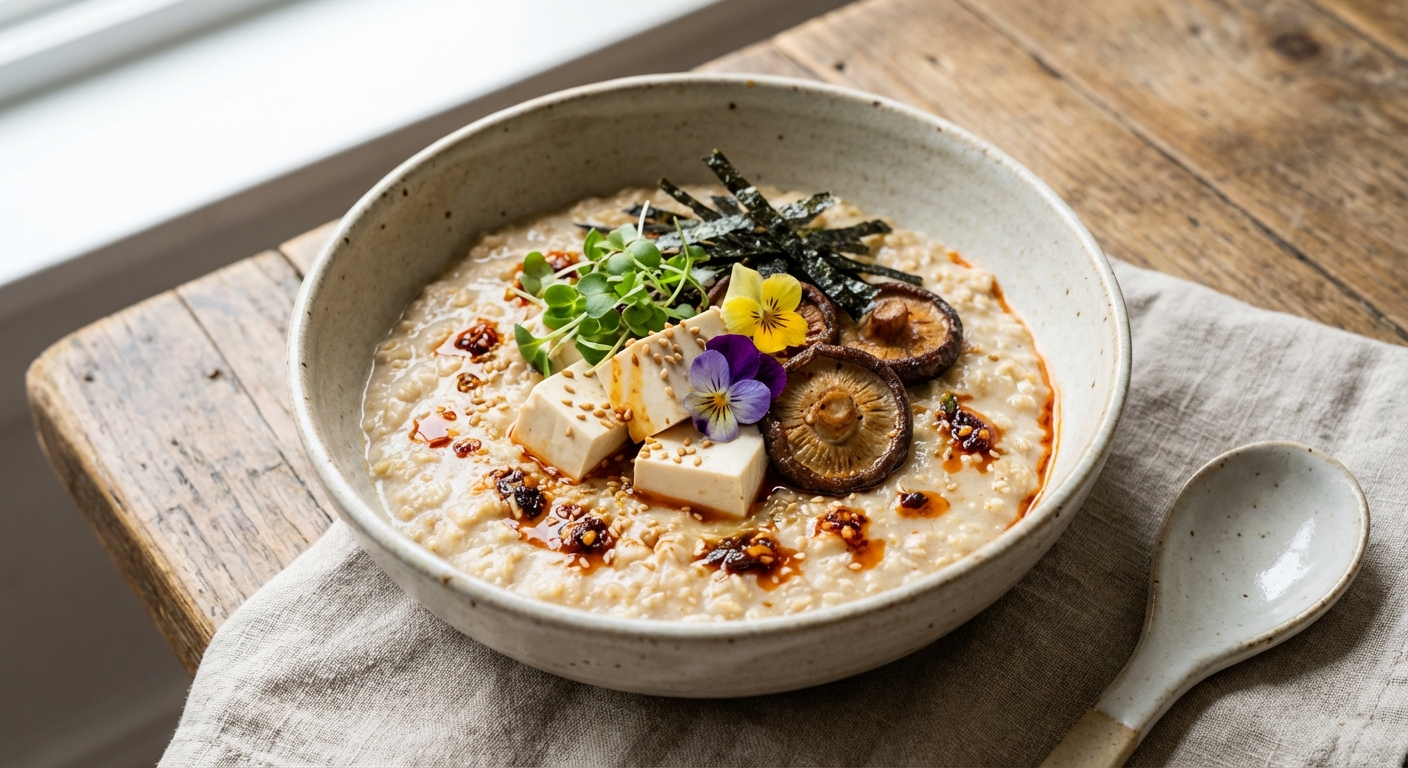Miso Oat Porridge with Silken Tofu & Shiitake