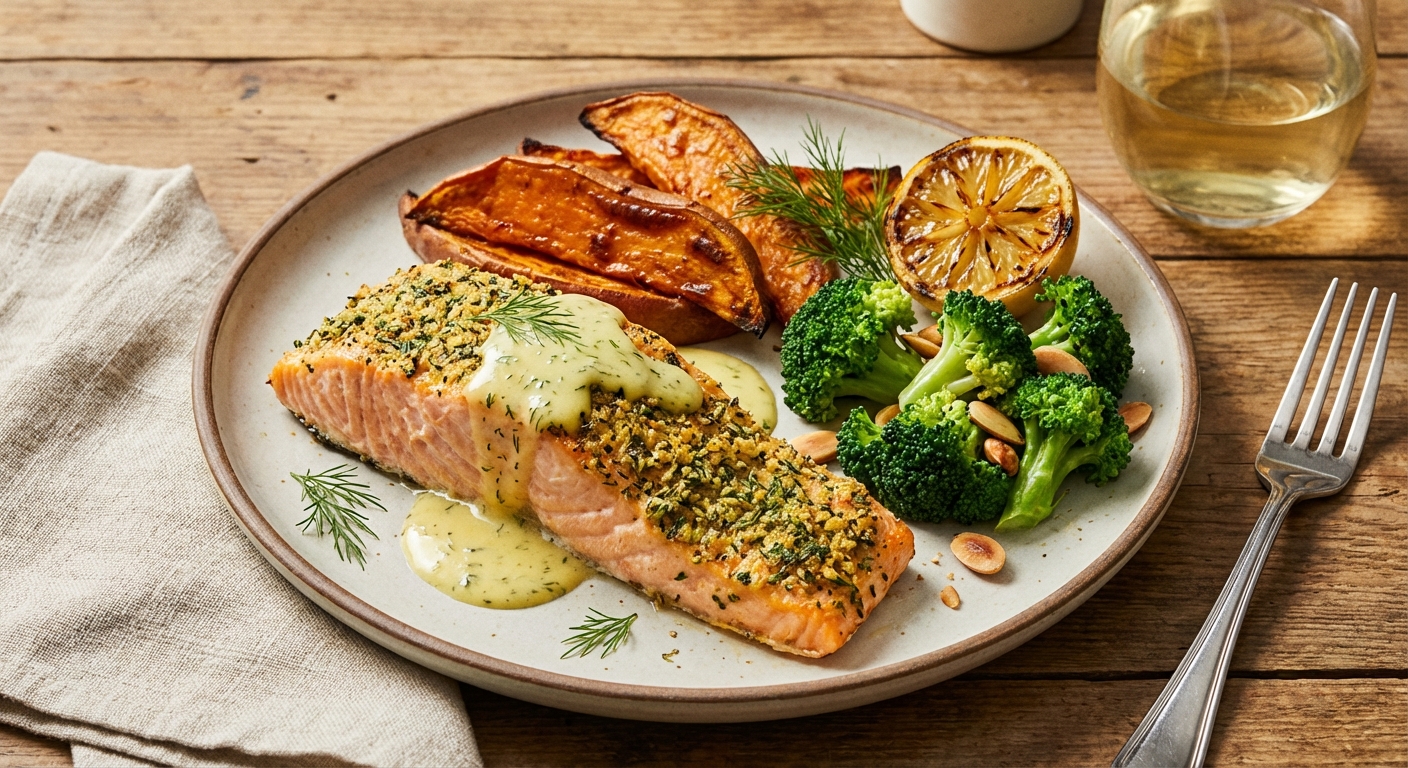Baked Salmon with Roasted Sweet Potato & Steamed Broccoli