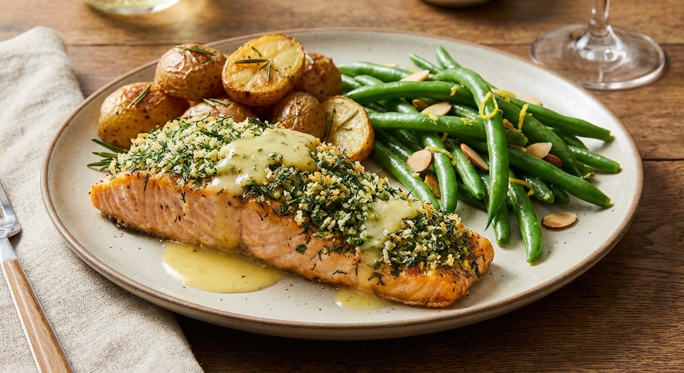 Baked Herb-Crusted Salmon with Roasted Baby Potatoes and Steamed Green Beans