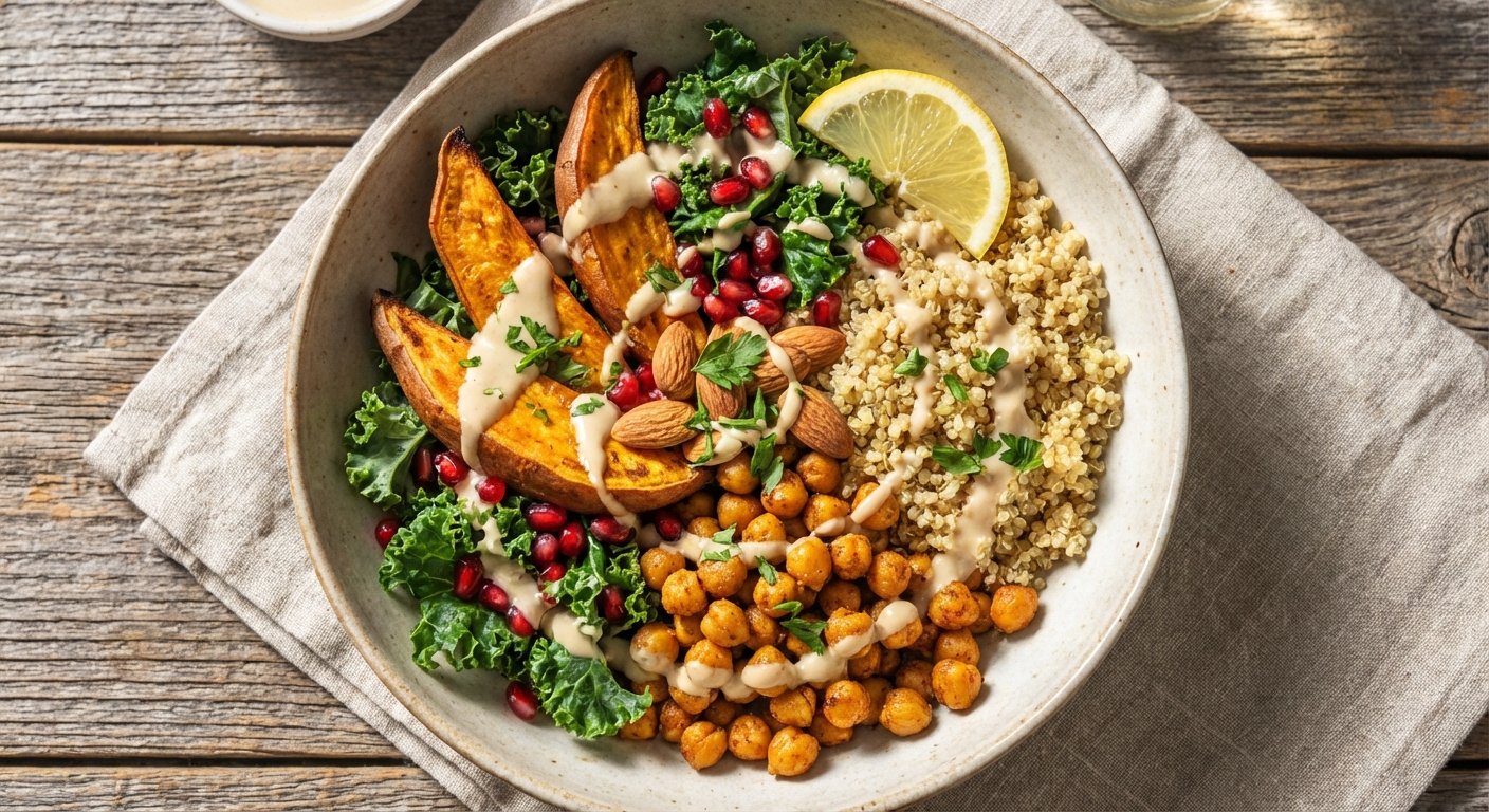 Roasted Sweet Potato & Chickpea Quinoa Bowl with Tahini-Lemon Dressing