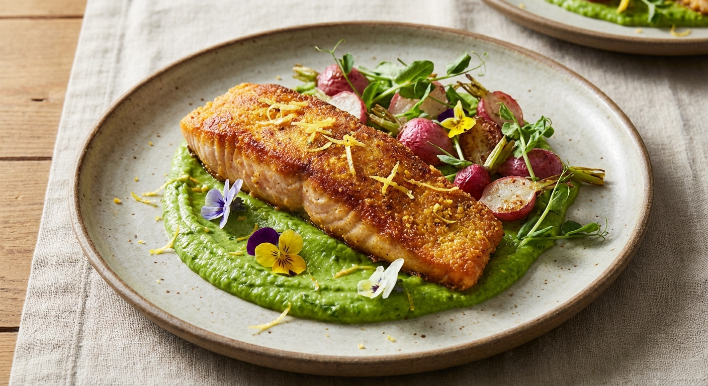 Pan-Seared Cornmeal-Crusted Steelhead Trout with Herbed Pea Purée and Roasted Spring Radishes