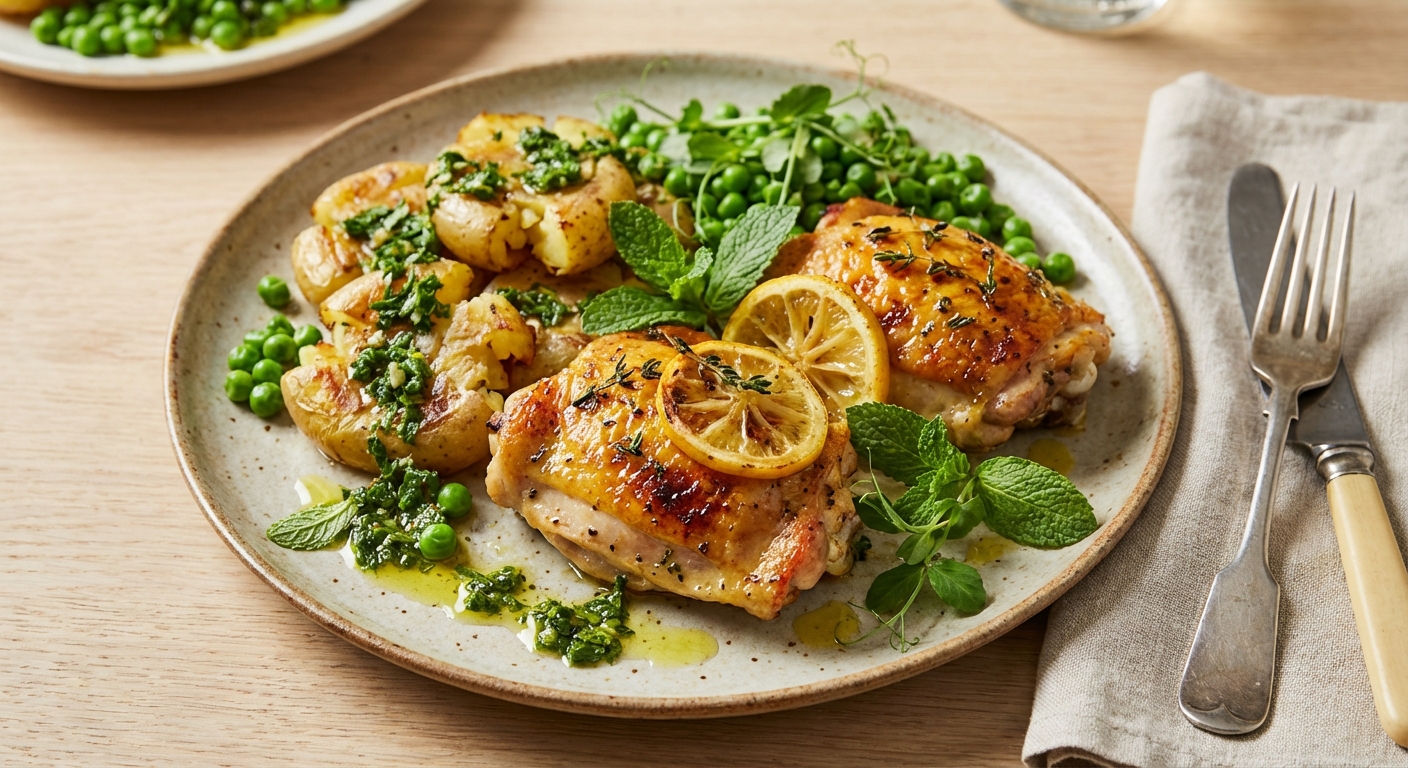 Roast Lemon-Thyme Chicken Thighs with Crispy New Potatoes, Peas & Mint Gremolata