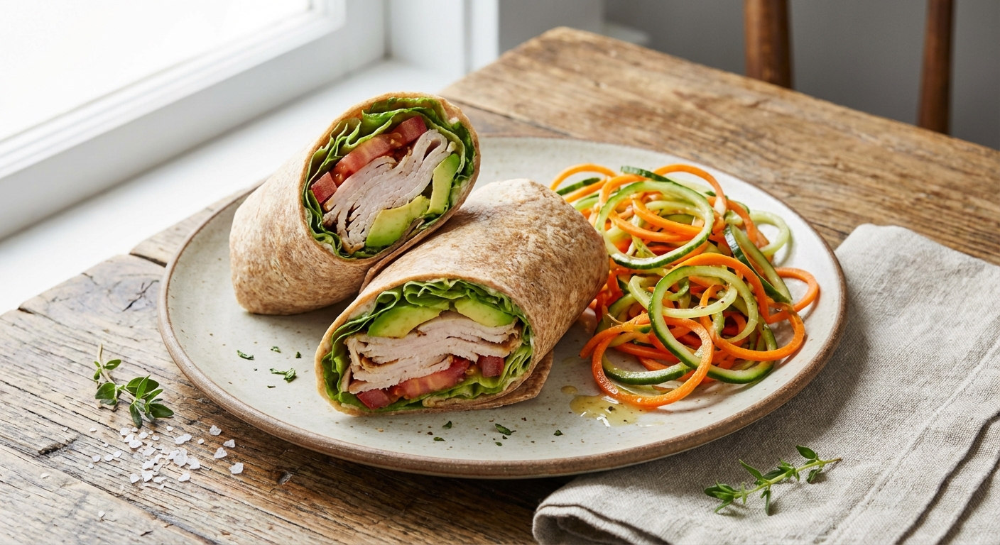 Turkey & Avocado Whole-Wheat Wrap with Carrot-Cucumber Salad