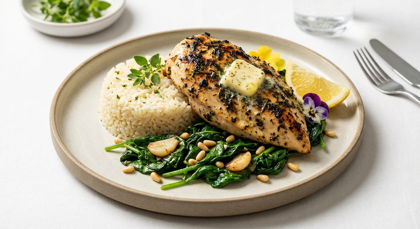 Grilled Herb Chicken with Garlic Butter Rice and Sautéed Spinach