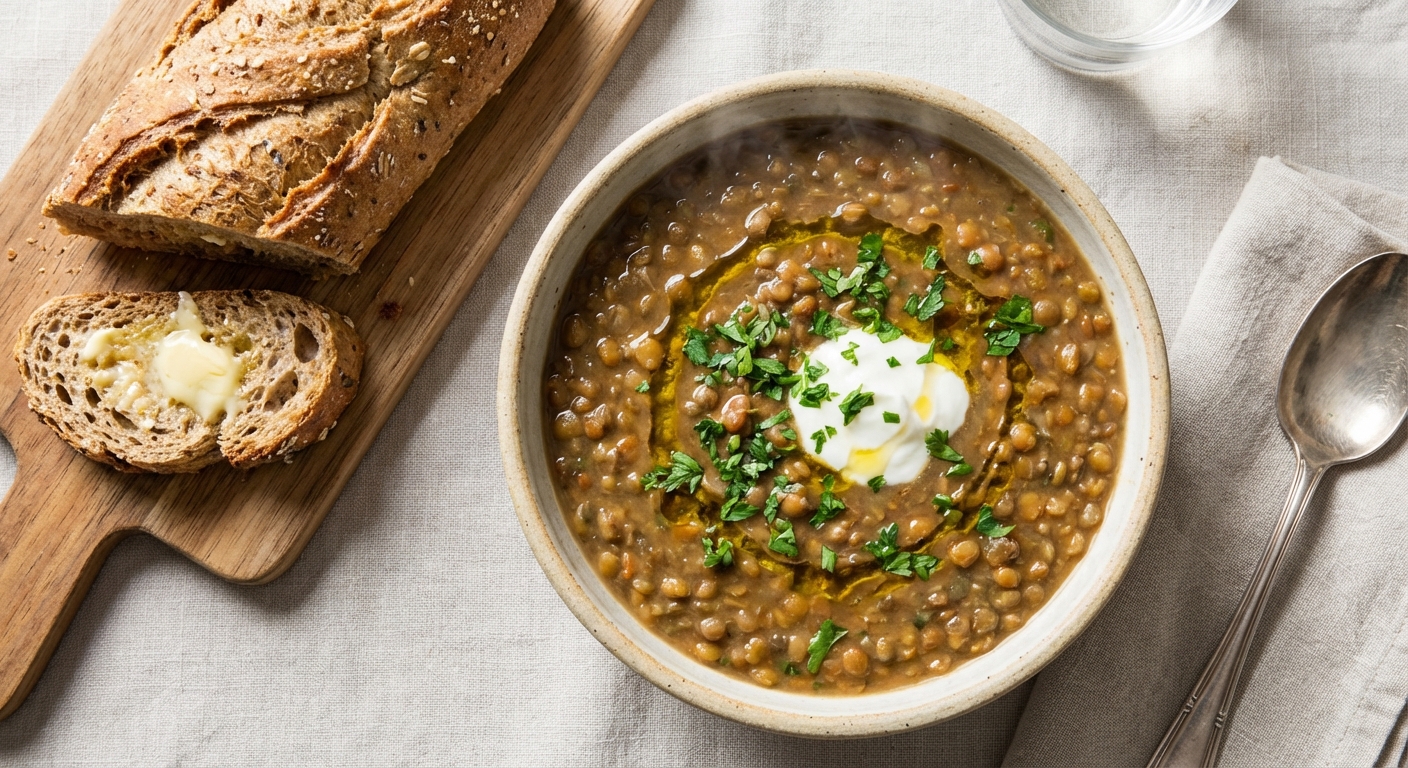 Hearty Lentil Soup with Crispy Whole-Grain Baguette