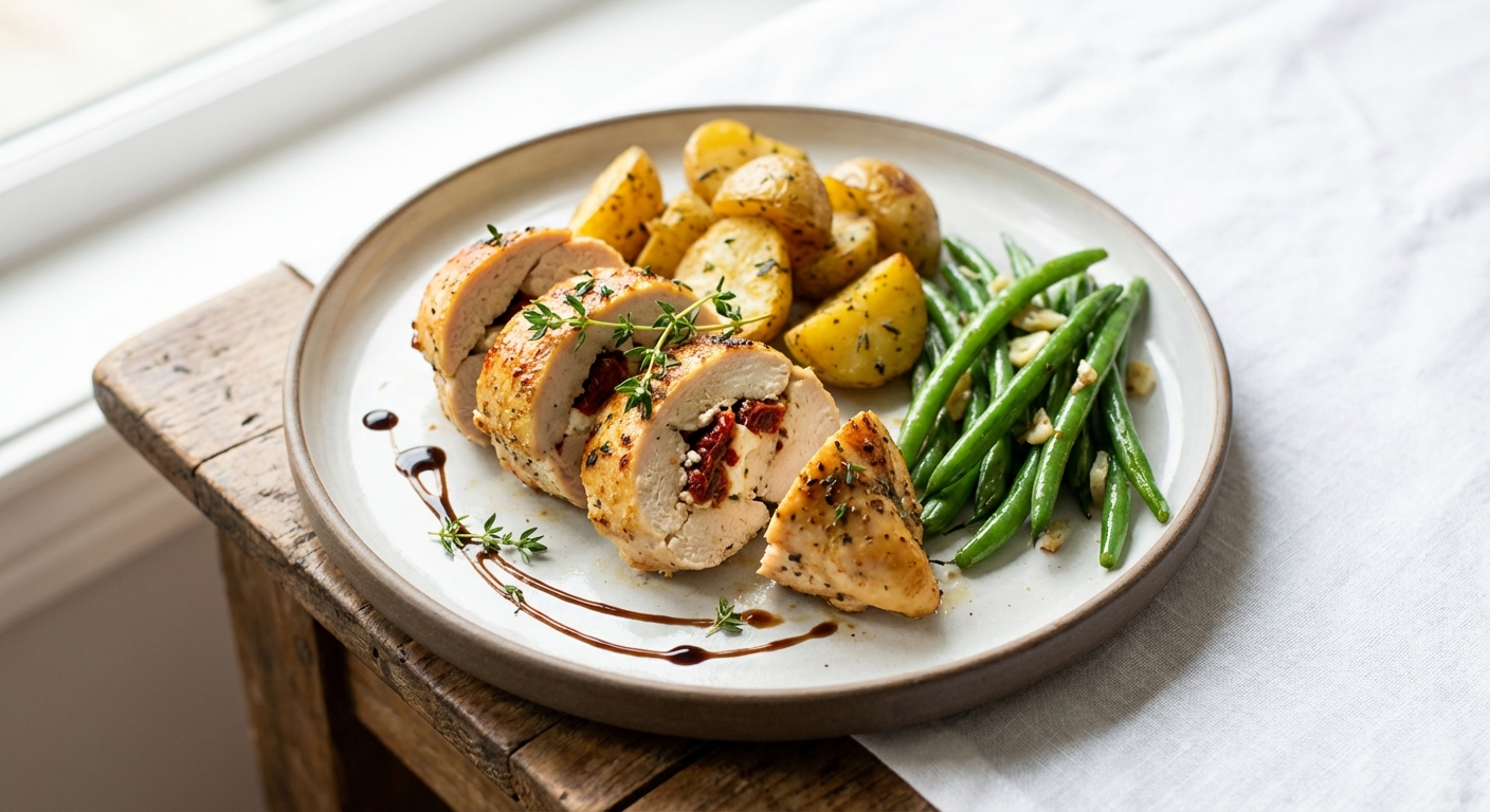 Stuffed Chicken Breast with Sundried Tomato & Goat Cheese, Roasted Potatoes & Green Beans