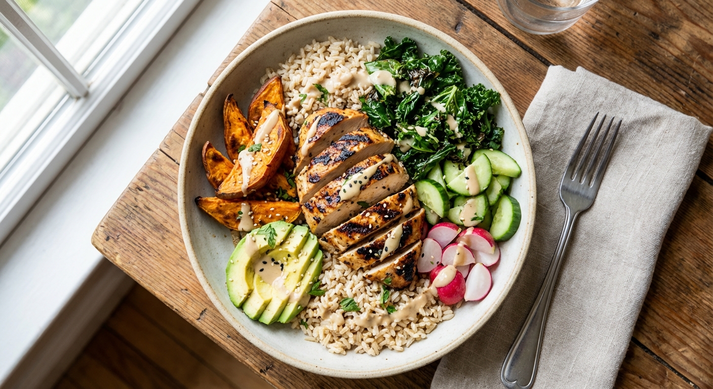 Chicken Buddha Bowl with Grilled Chicken, Brown Rice, Roasted Sweet Potato & Kale