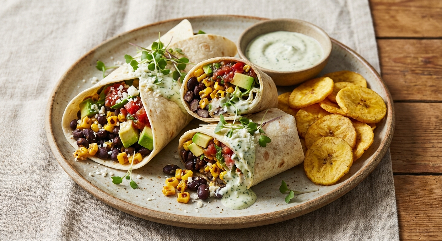 Black Bean & Corn Wraps with Baked Plantain Chips