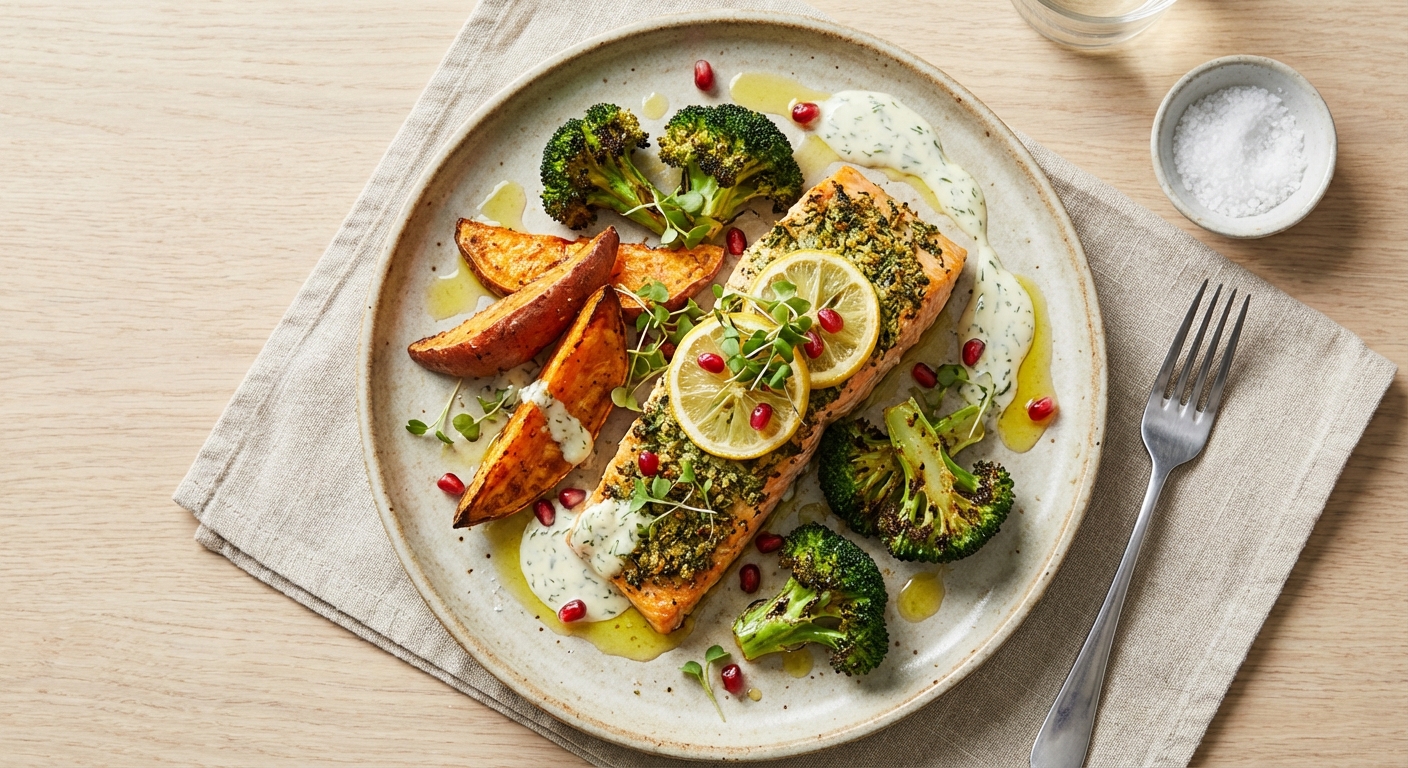 Baked Salmon with Roasted Sweet Potato & Broccoli