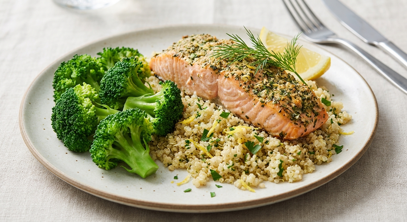 Baked Salmon with Herb-Citrus Quinoa & Steamed Broccoli