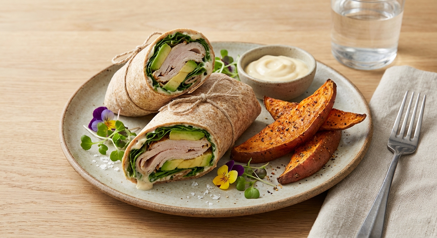 Turkey & Avocado Whole‑Wheat Wrap with Roasted Sweet Potato Wedges