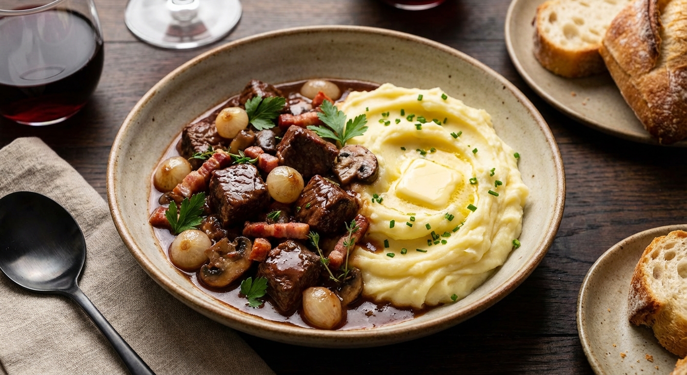 Beef & Mushroom Bourguignon with Creamy Mashed Potatoes