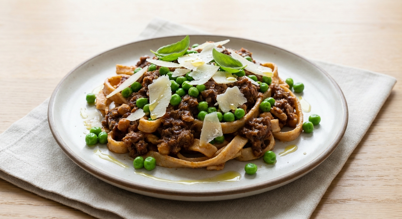 Slow-Simmered Italian Pork Ragu over Gluten-Free Chickpea Pasta with Spring Peas & Pecorino