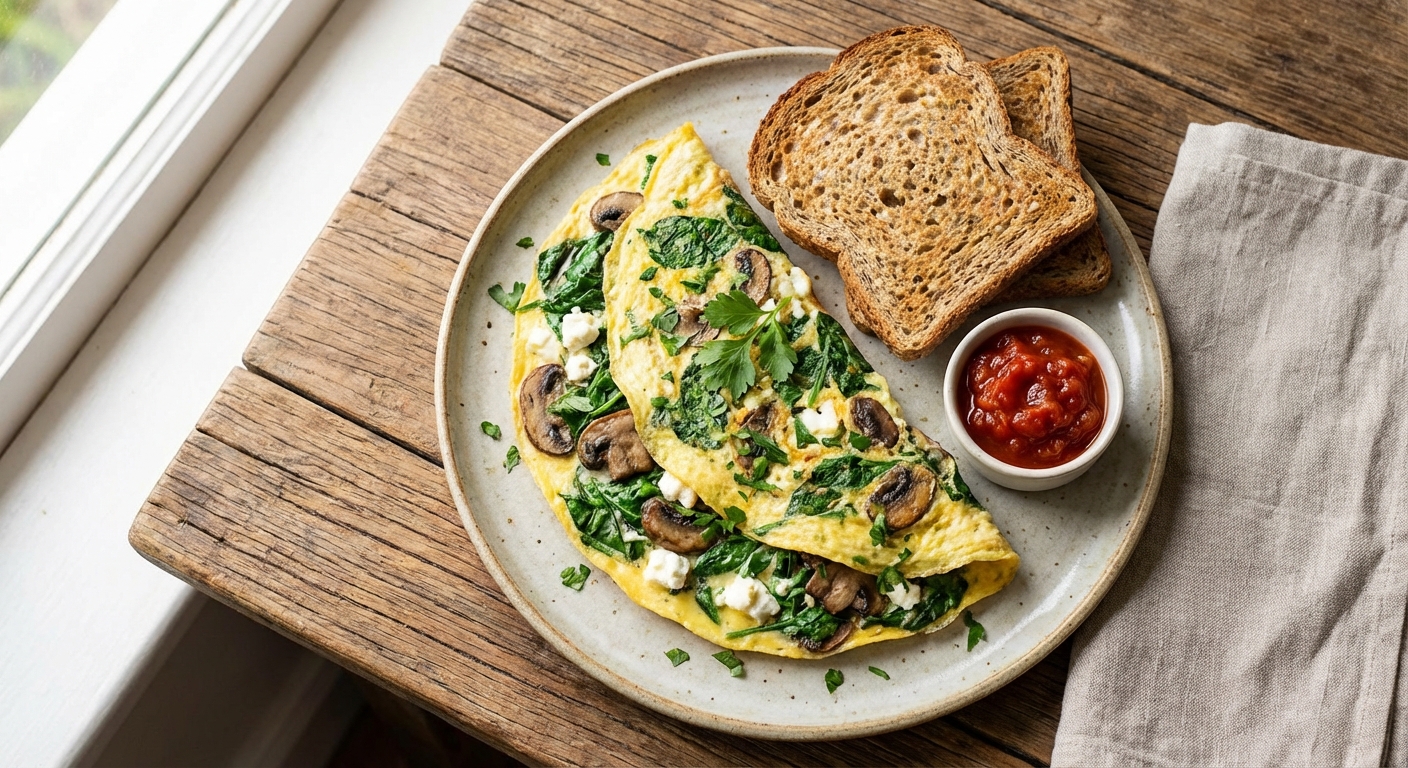Spinach, Mushroom & Feta Omelette with Whole-Grain Toast
